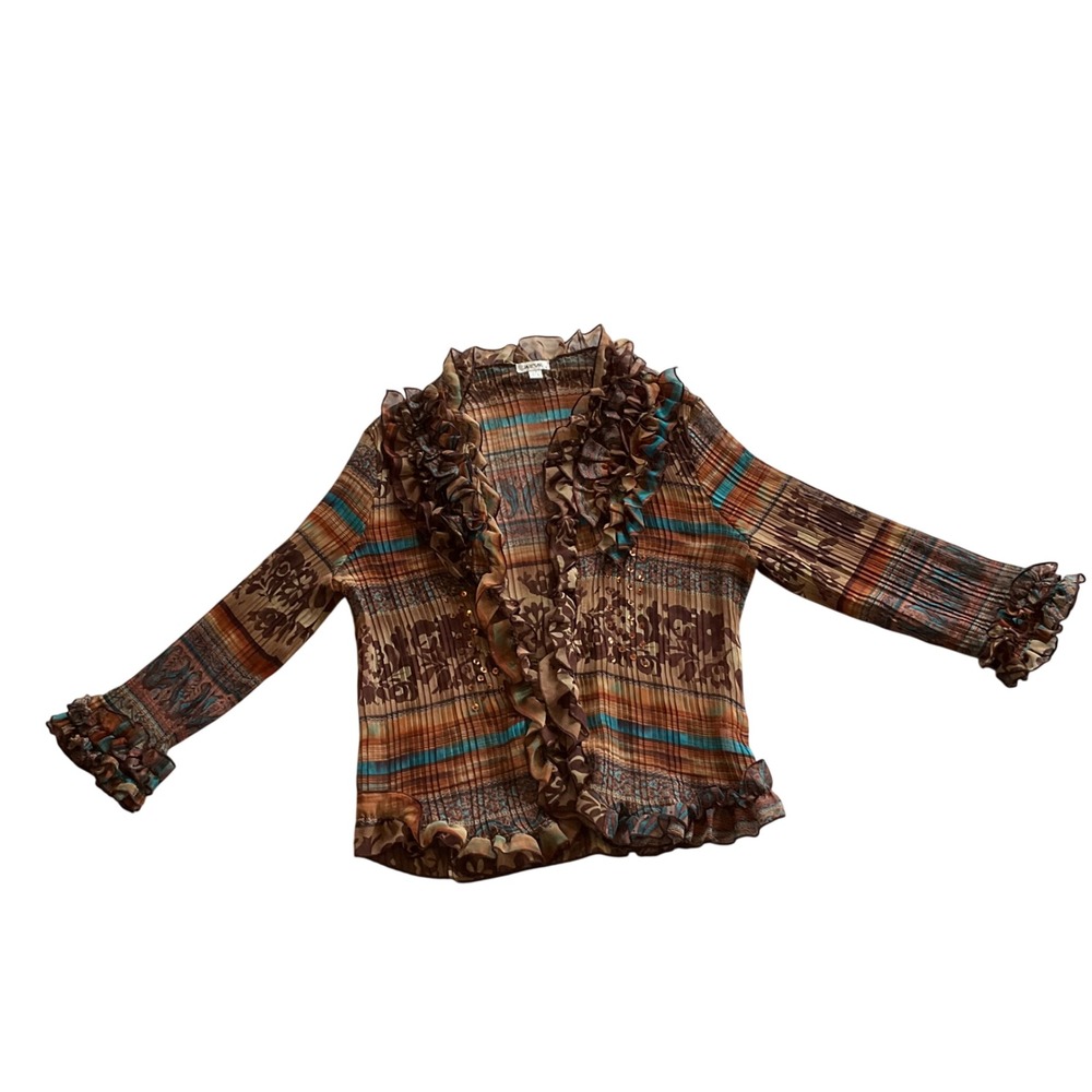 Jaipur Cardigan Women Large Brown Boho Pleated Ruffle Sequin Mesh Open Front Top